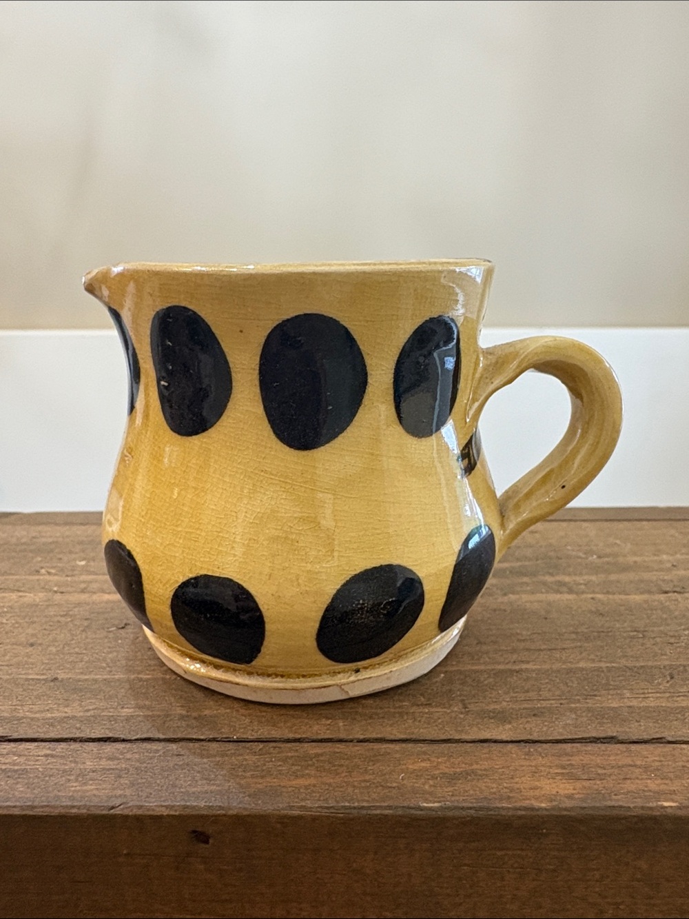 Yellow Pottery Pitcher Creamer with Black Polka Dots